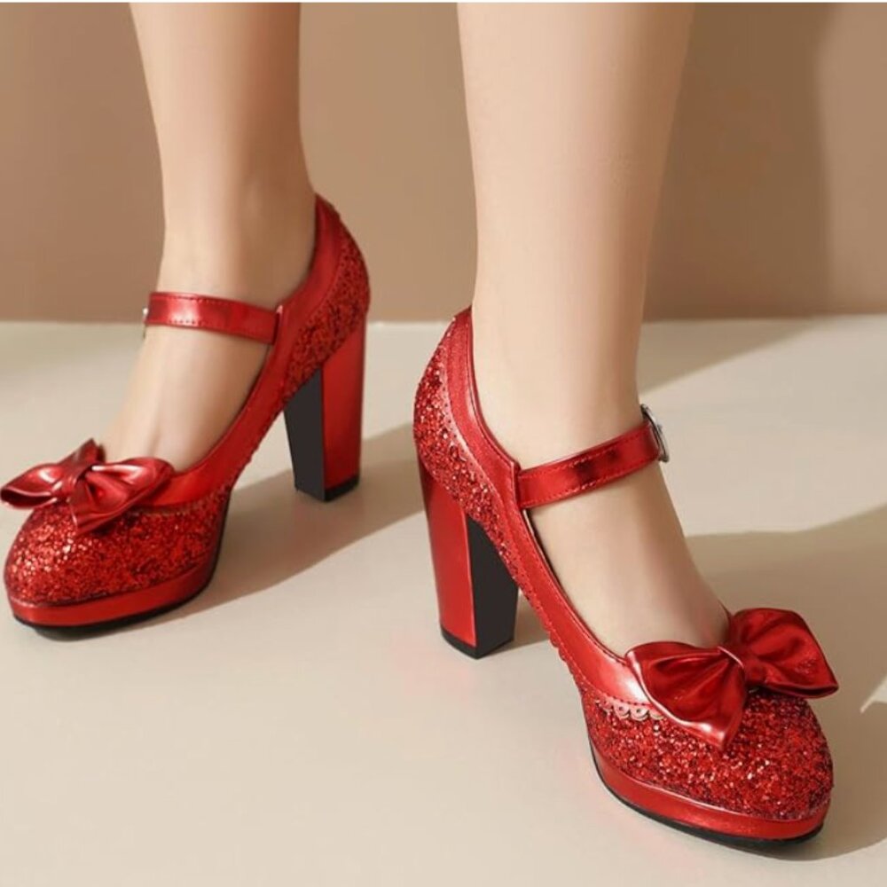 SEIFIN Women's Sequins Glitter Mary Jane Shoes Shine Sparkly Vintage Chunky High